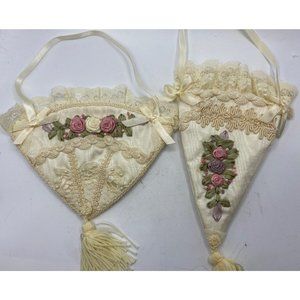 Set Of 2 Victorian Style Fabric Beaded Ribbon Ornaments